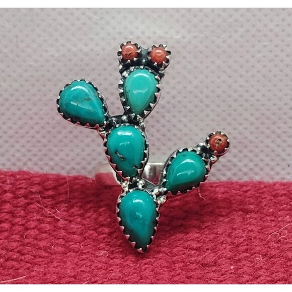 Southwest Sterling Silver Prickly Pear Cactus Ring w/Turquoise & Coral Size 6 - Picture 1 of 7